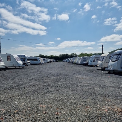Mostly Caravans and Motorhomes being stored at Clear Storage in Hereford on a hot sunny day